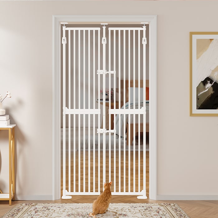 UniPaws White 74" H Extra Tall Pet Gate with Doors Locks, 33.5"- 37.5" L X 74" H, Large - Tall