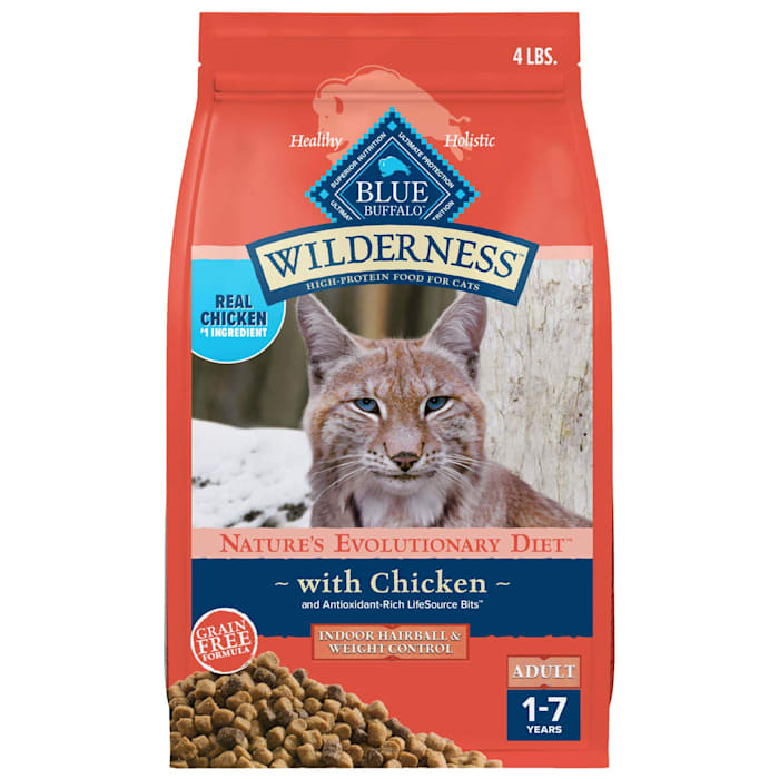 Blue Buffalo Wilderness Weight & Hairball Control Grain Free High Protein Chicken Natural Adult Dry Cat Food, 4 lbs.