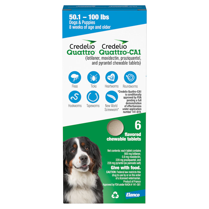 Credelio Quattro Chewable Tablets for Dogs 50.1-100 lbs, 6-in-1 Parasite Protection (6 Month Supply)