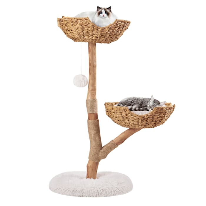 UniPaws Natural Wood Cat Tree with Dual Woven Baskets, White, 20.5" L X 20.5" W X 41"H