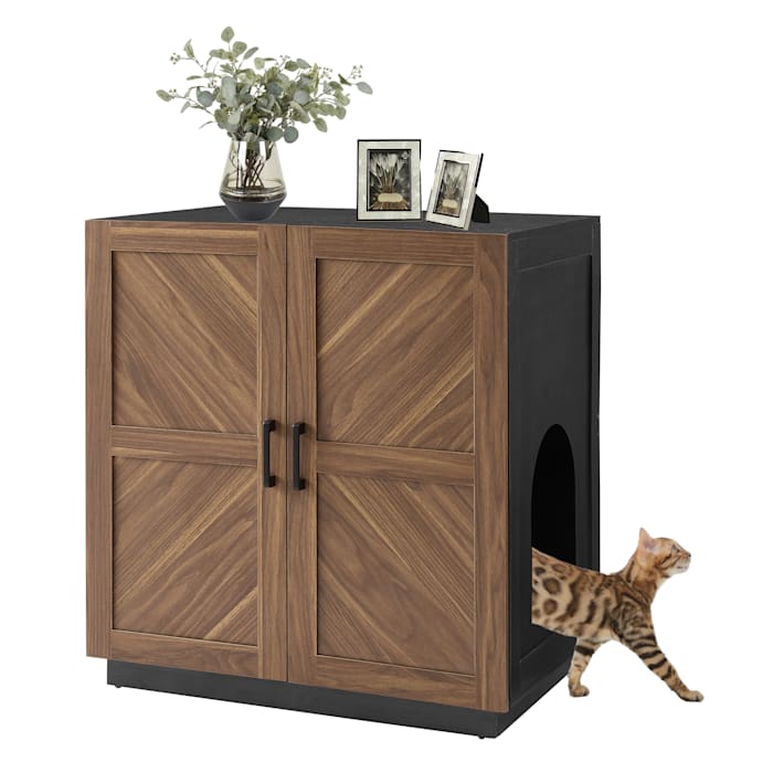 UniPaws Tall Cat Litter Box Enclosure with Shelves, Walnut, 28.7" L X 19.6" W X 30.7"H