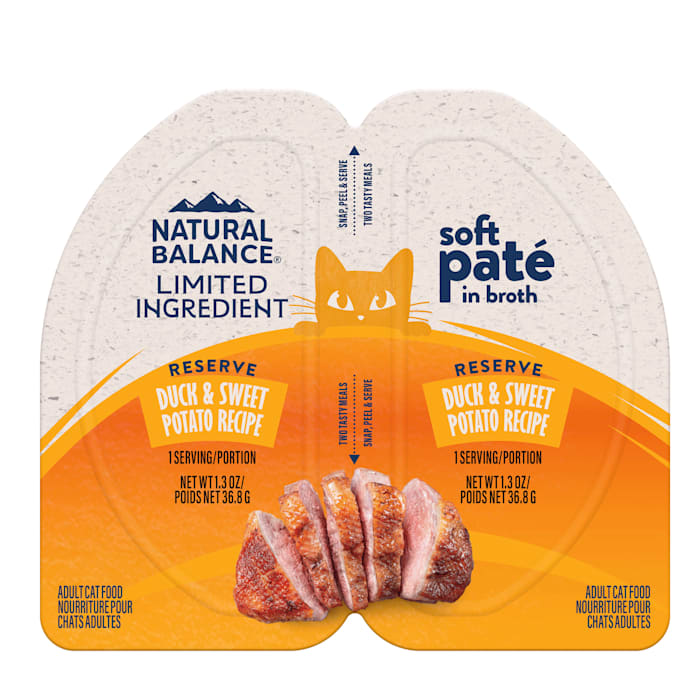 Natural Balance Limited Ingredient Reserve Split Cup Duck & Sweet Potato Recipe Soft Pate in Broth Wet Cat Food, 2.6 oz.