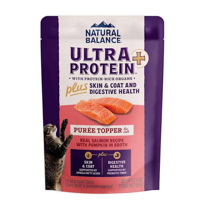 Natural Balance Ultra Protein Skin & Coat Digestive Health Real Salmon w/ Pumpkin Recipe Puree Topper Plus Wet Cat Food, 2.4 oz.