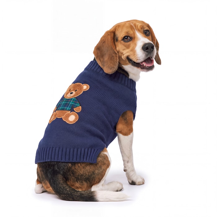 Petco Holiday Navy Teddy Bear Knit Pet Sweater, Blue, XS