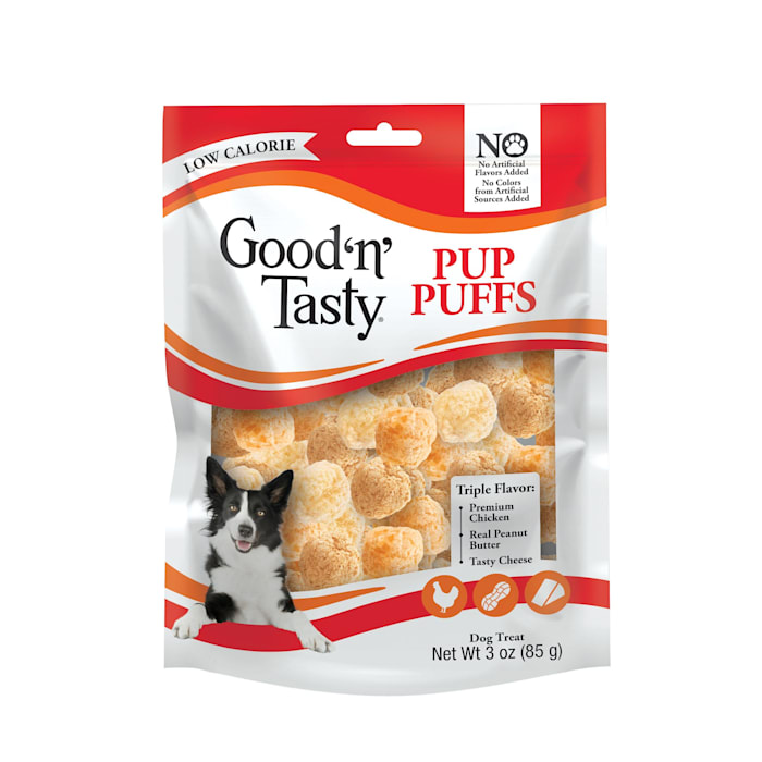Good 'n' Tasty Crunchy Texture Pup Puffs, Low-Calorie Cheese Puff-Inspired Dog Treats, 3 oz