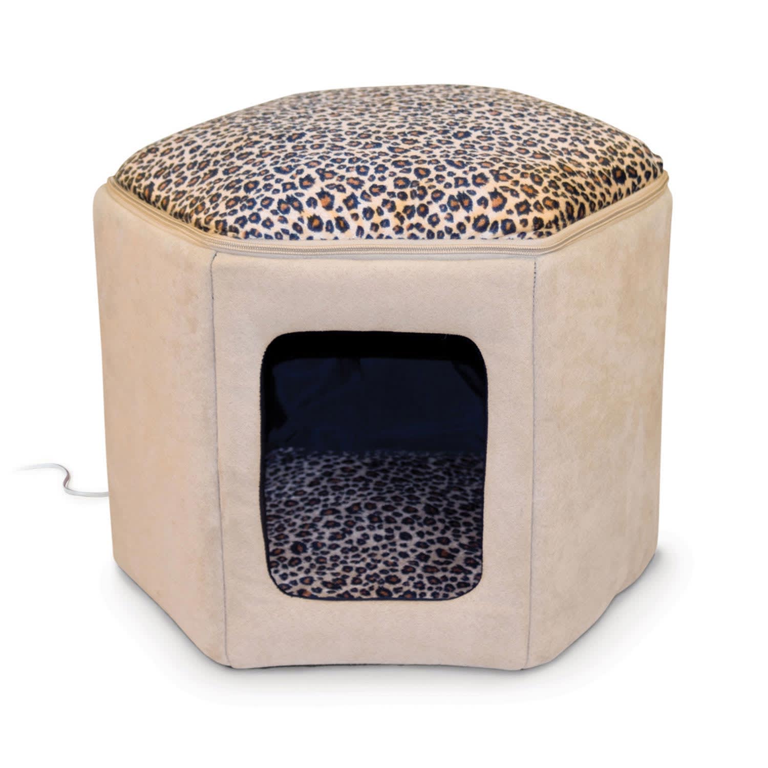 Photos - Bed & Furniture K&H Thermo-Kitty Sleep House Heated Cat Bed in Tan and Leopard Print, 