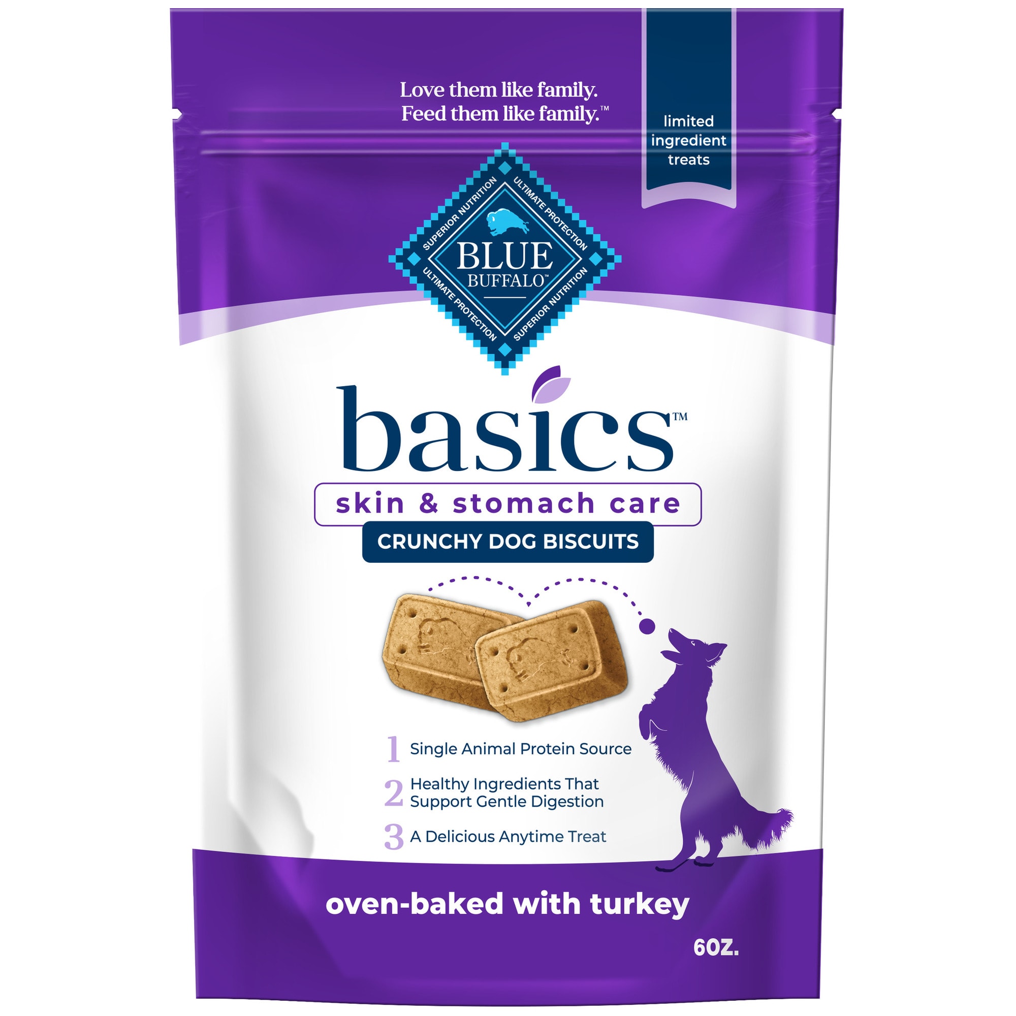 Blue Buffalo Basics Turkey, Skin & Stomach Care, Biscuits, Crunchy Dog Treats, 6 oz.