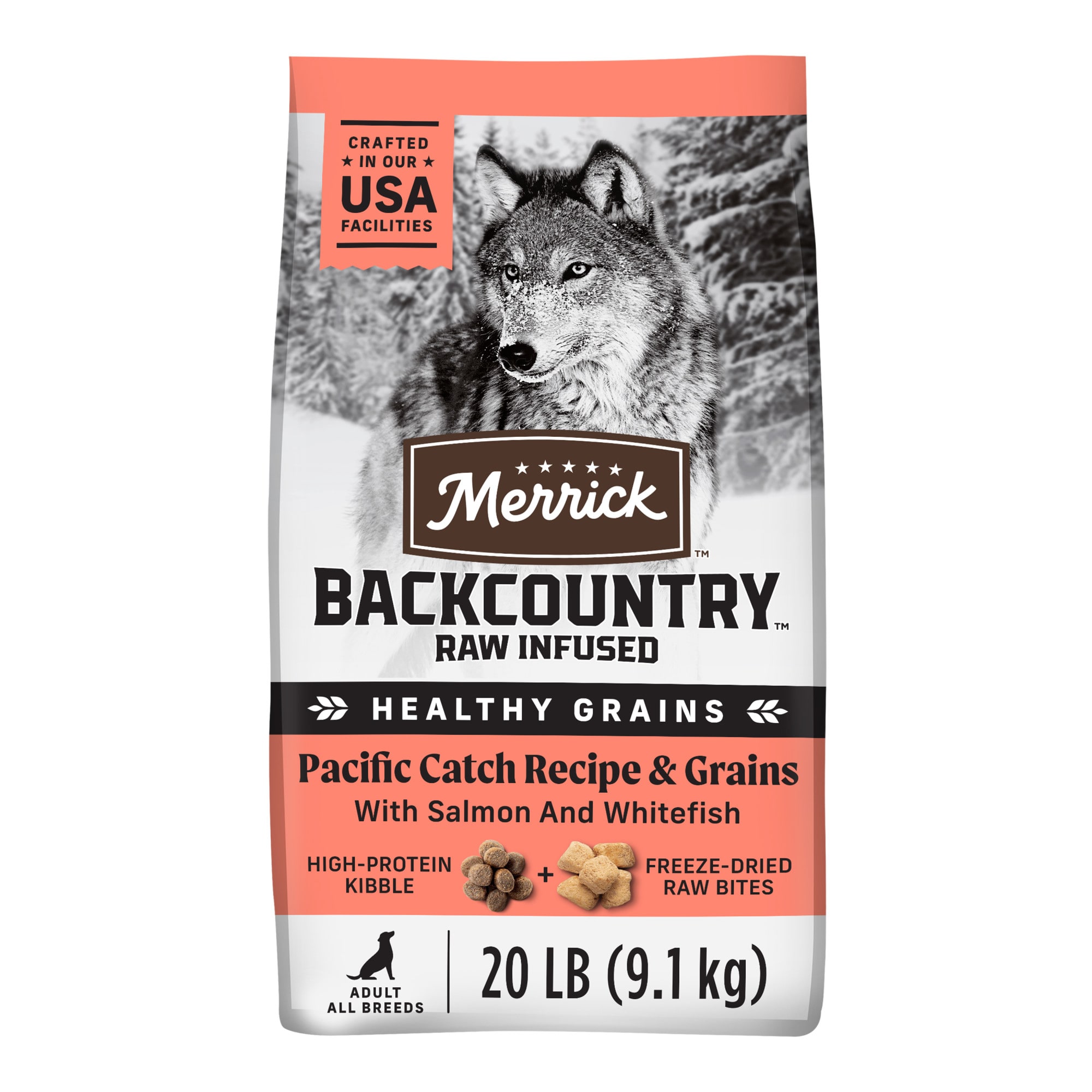 Merrick Backcountry Healthy Grains Premium Dog Food Kibble with Freeze Dried Raw Pieces Pacific Catch Recipe 20 lbs.