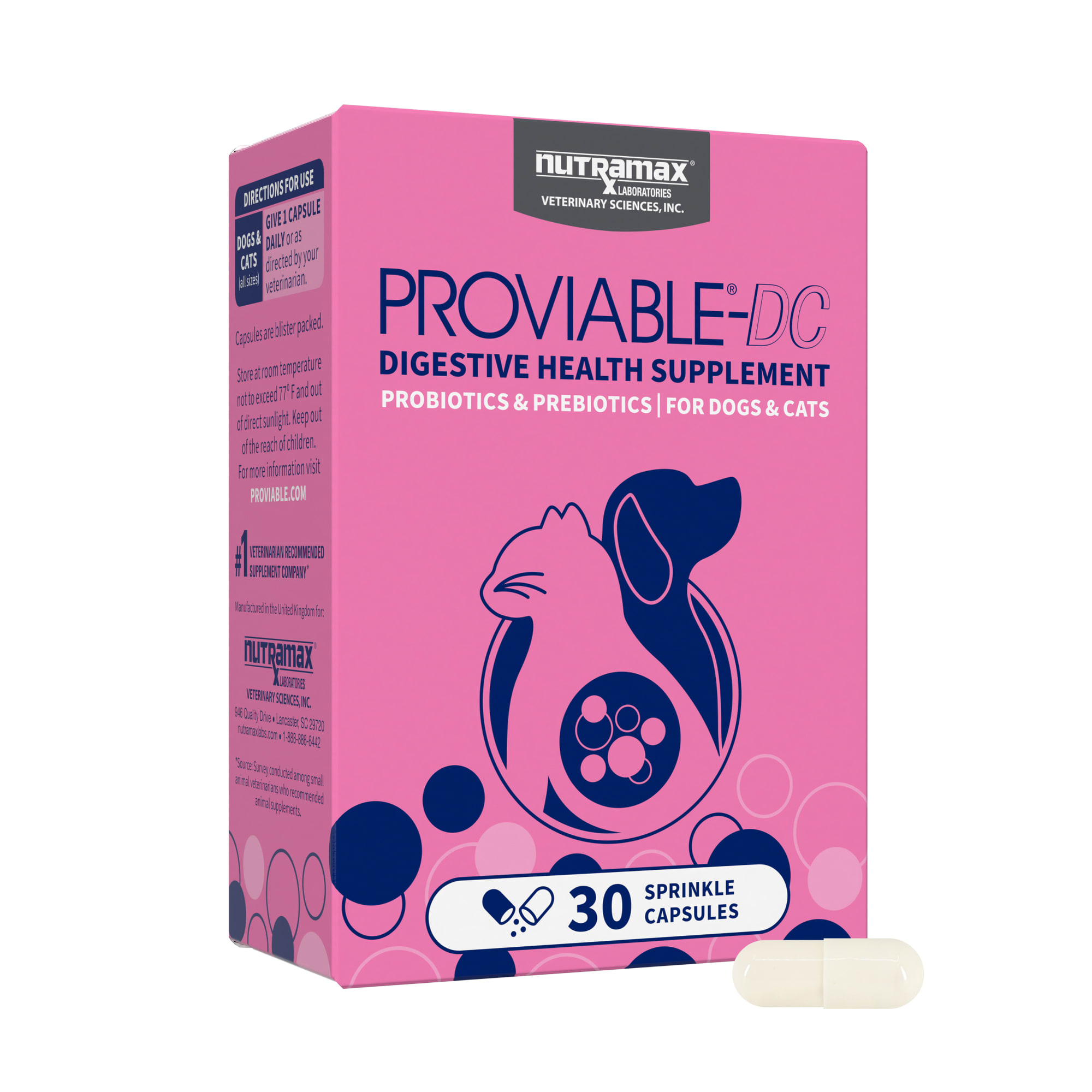 Nutramax Proviable Digestive Health Supplement Multi-Strain Probiotics and Prebiotics for Cats and Dogs  30 Capsules