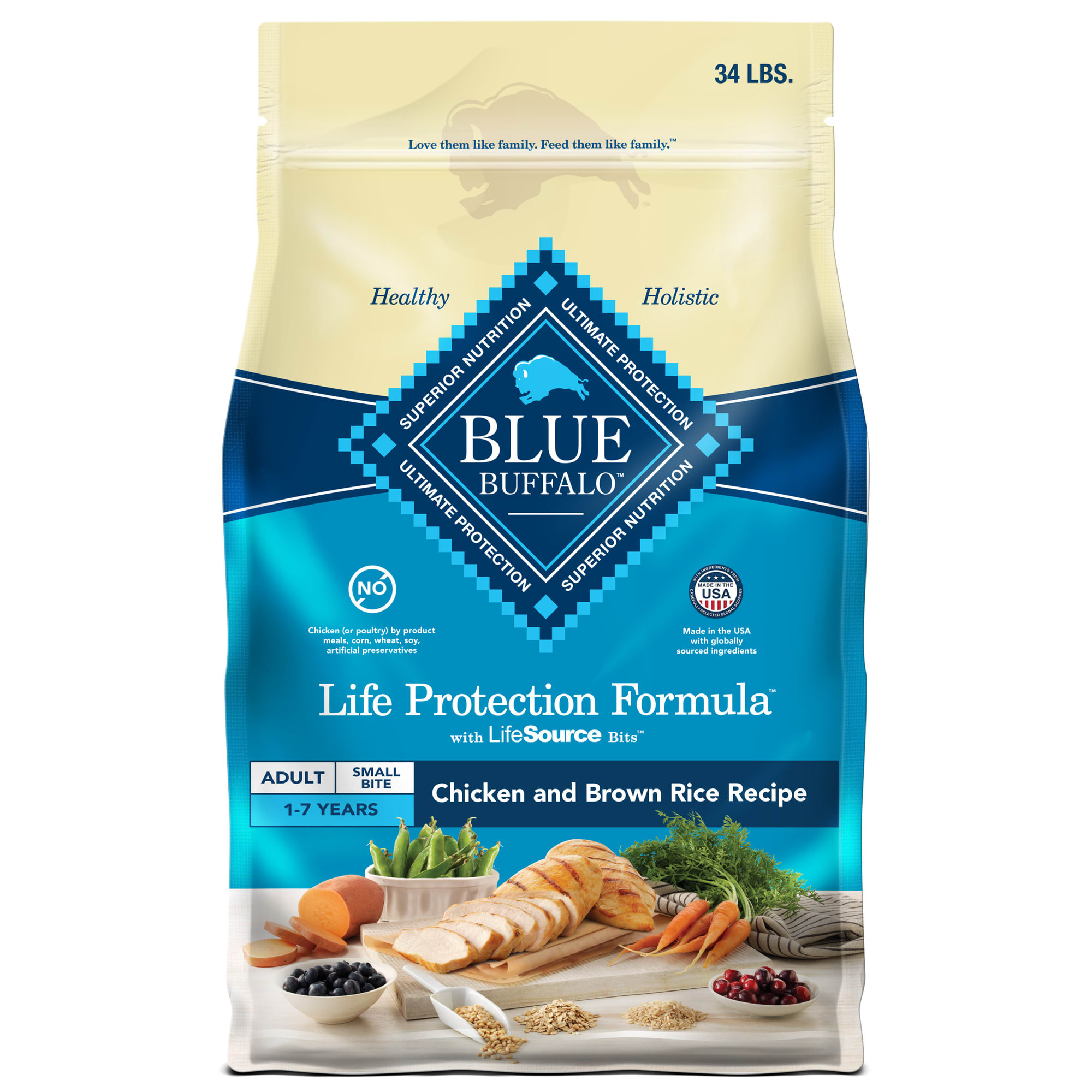 Blue Buffalo Life Protection Formula Chicken and Brown Rice Small Bite Dry Dog Food for Adult Dogs  Whole Grain  34 lb. Bag