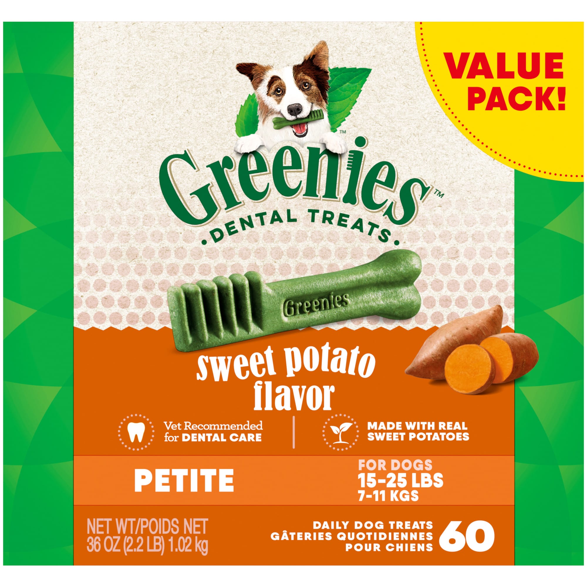 Greenies Natural Sweet Potato Flavor Dental Dog Treats, 36 oz., Count of 60, Petite -  10238500