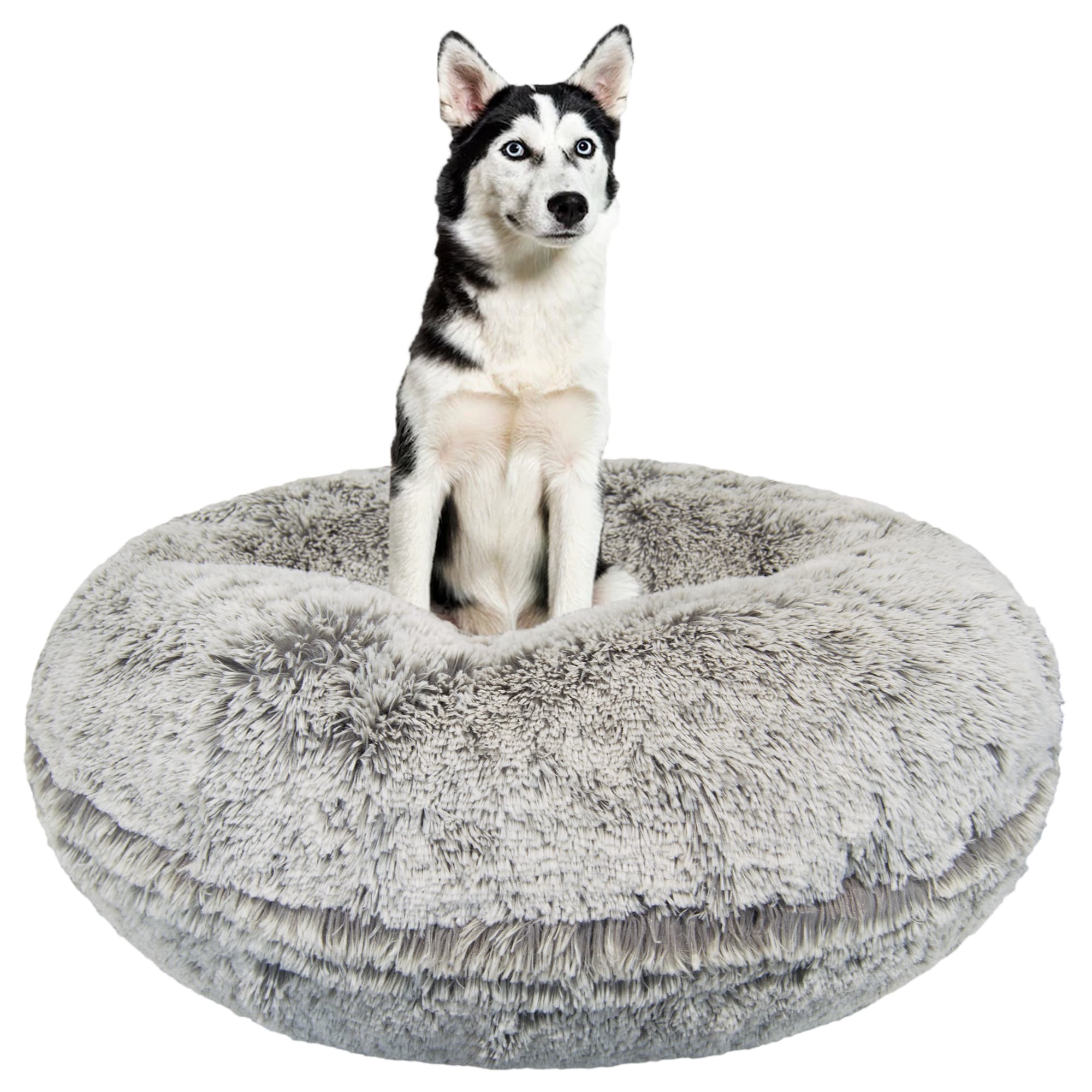 Bessie and Barnie Signature Luxury Extra Plush Faux Fur Bagel Dog Bed, 30"" L X 30"" W X 10"" H, Frosted Snow, Small, White -  BAGEL-FDSW-SM