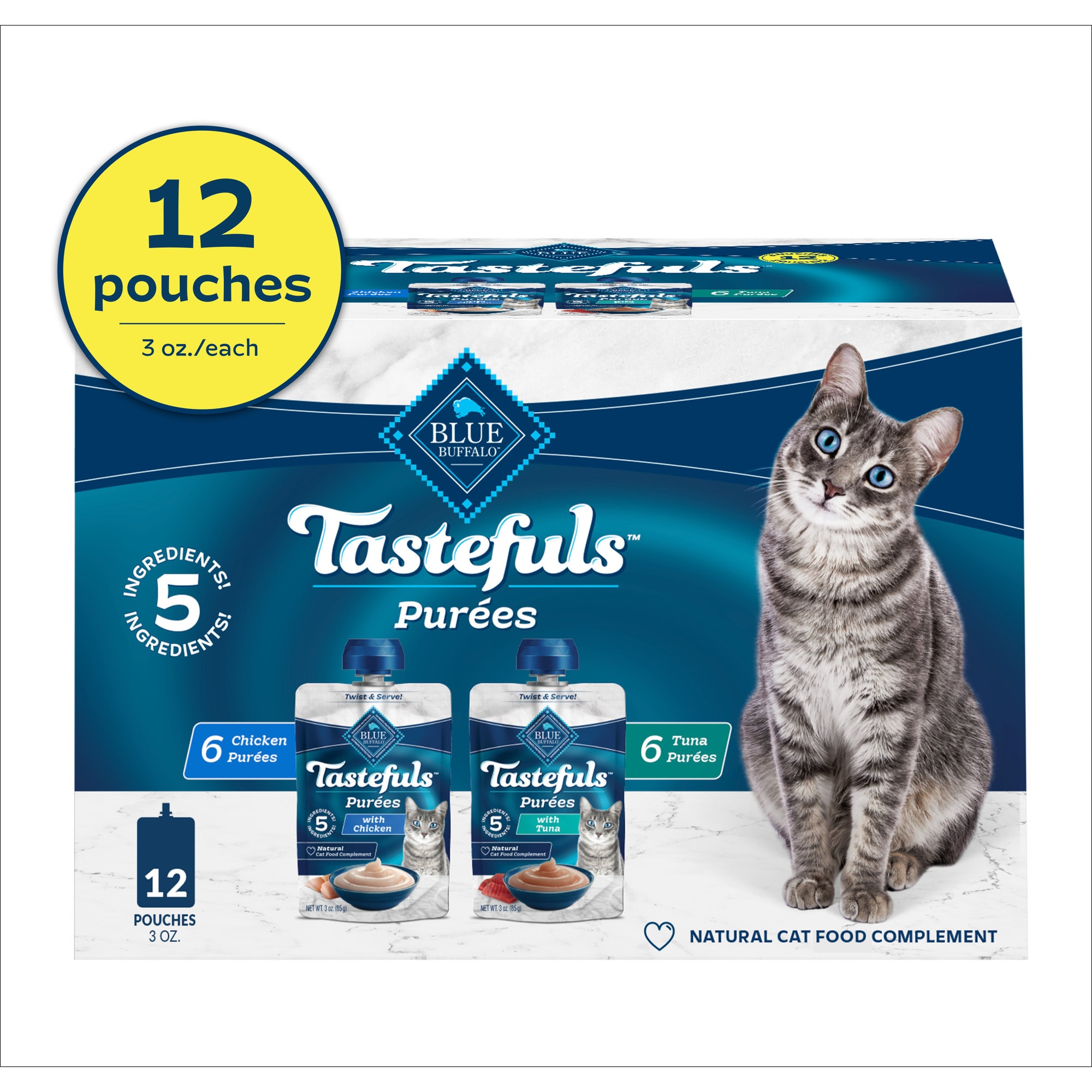 Blue Buffalo BLUE Tastefuls Chicken & Tuna Resealable Twist Cap Adult Cat Natural Purees Variety Pack, 3 oz., Count of 12