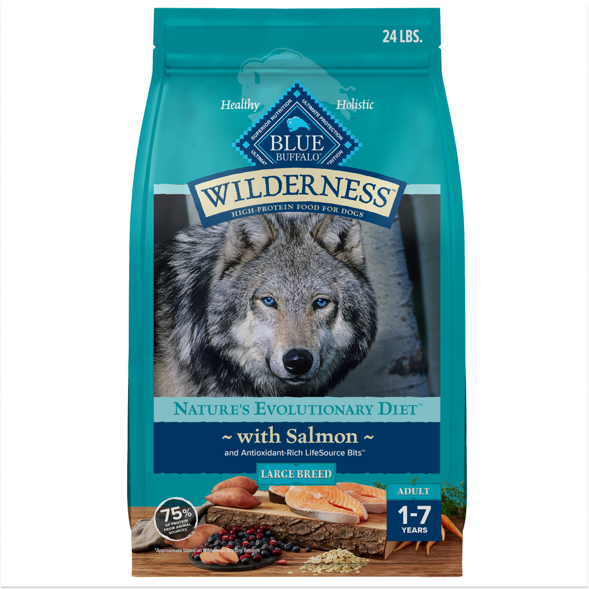 Blue Buffalo Blue Wilderness Natural High Protein Plus Wholesome Grains, Salmon Adult Large Breed Dry Dog Food, 24 lbs.