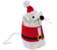 A white toy mouse in a Santa Clause costume.