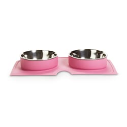 EveryYay Better Together Pink Silicone Double Diner with Stainless-Steel Bowls for Dogs