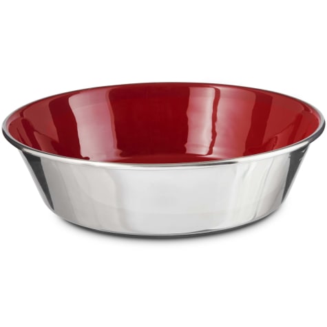 red plastic dog bowl