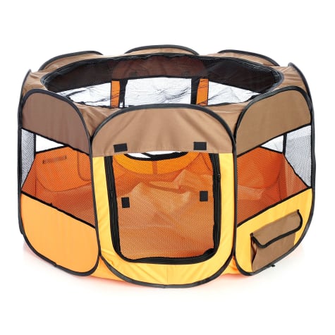 Pet Life All Terrain Lightweight Easy Folding Wire Framed Collapsible Travel Pet Playpen Brown And Orange