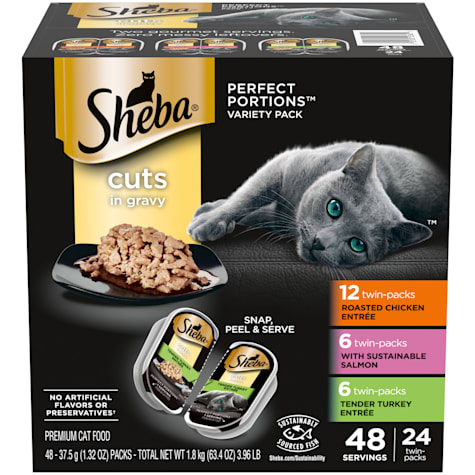 Sheba Perfect Portions Gravy Roasted Chicken, Gourmet Salmon, Tender Turkey Variety Pack Wet Cat Food