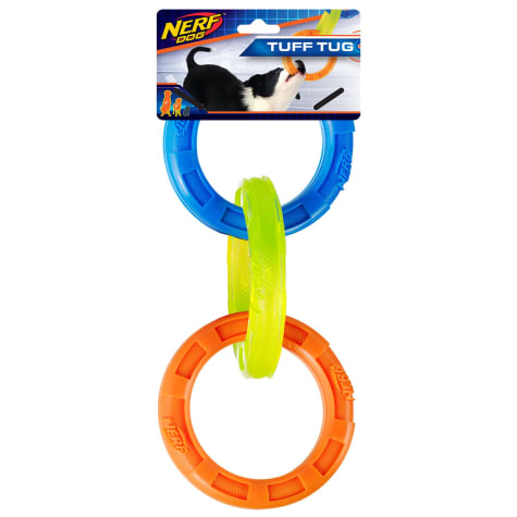 Nerf Glow 3-Ring TPR Tug Blue, Green and Orange Dog Toy