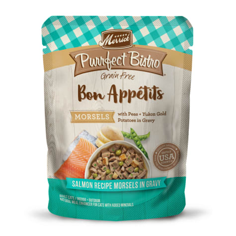 Merrick Purrfect Bistro Bon Appetits Grain Free Salmon Recipe Morsels in Gravy Wet Cat Food