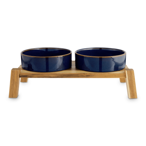 Reddy Indigo Ceramic & Wood Elevated Double Diner for Dogs