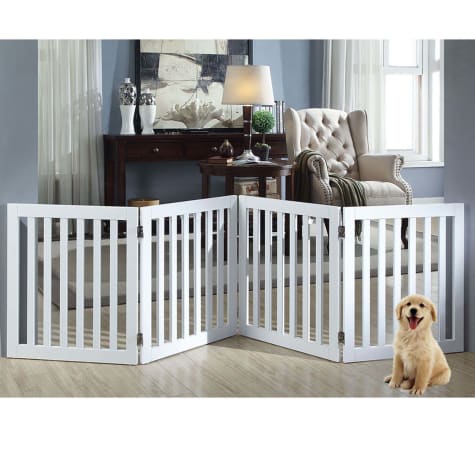 white freestanding dog gate