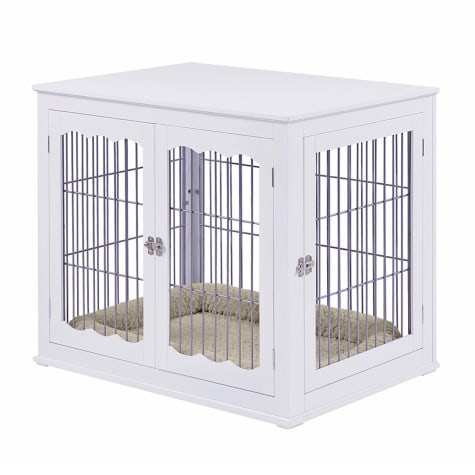 UniPaws Wooden Wire White Double Door Dog Kennel with Pet Bed