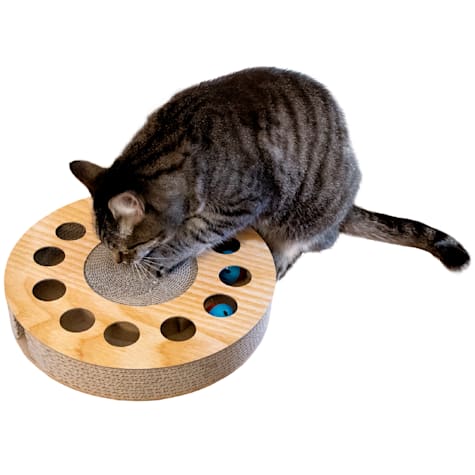 FurHaven Round Busy Box Corrugated Cat Scratcher with Catnip and 2 Ring Balls