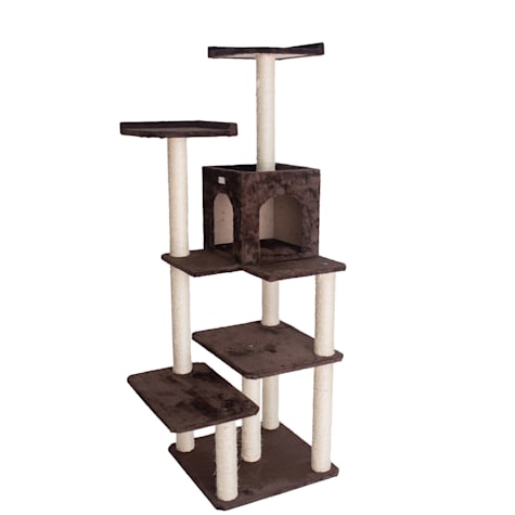 Gleepet Brown Real Wood Cat Tree with Four Levels, Two Perches, Condo