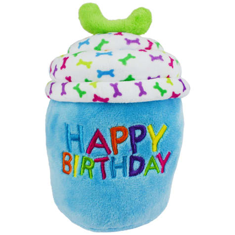 Multipet Blue Happy Birthday Cup Cake Plush Dog Toy