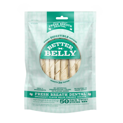 Better Belly Fresh Breath Highly Digestible Rawhide Dental Twist Sticks for Dogs