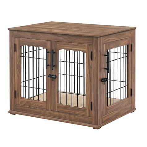 UniPaws Crate Wooden End Table with Wire Dog Kennel with Bed in Walnut