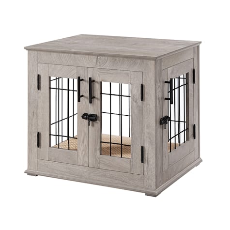 UniPaws Crate Wooden End Table with Wire Dog Kennel & Bed in Weathered Gray