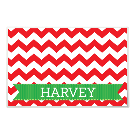Custom Personalization Solutions Red and White Chevron Christmas Food and Water Personalized Laminated Placemat for Pets