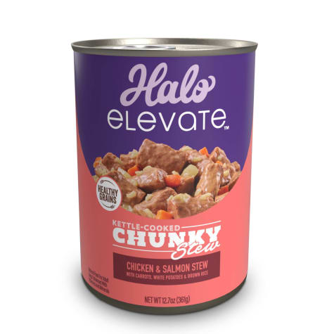 Halo Elevate Dog Kettle Cooked Chunky Healthy Grains Chicken Salmon Stew, Carrots, Potatoes, Brown Rice Wet Food