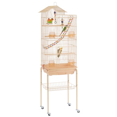 Topeakmart Almond Metal Bird Cage with Ladder Toy and Rolling Detachable Stand
