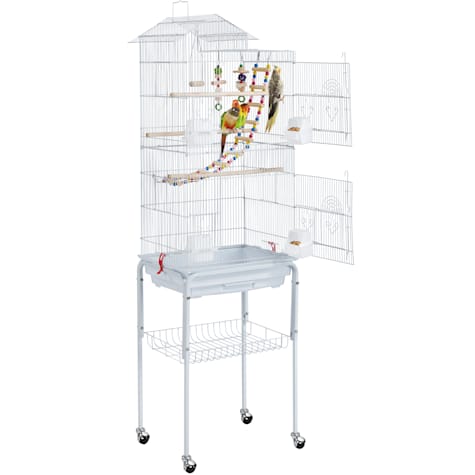 Topeakmart White Metal Bird Cage with Ladder Toy and Rolling Detachable Stand