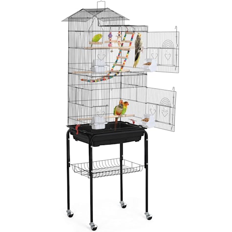 Topeakmart Black Metal Bird Cage with Ladder Toy and Rolling Detachable Stand