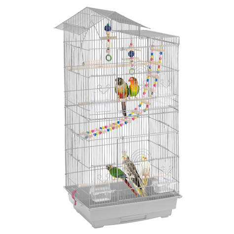 Topeakmart Light Gray Metal Bird Cage with Swing Ladder