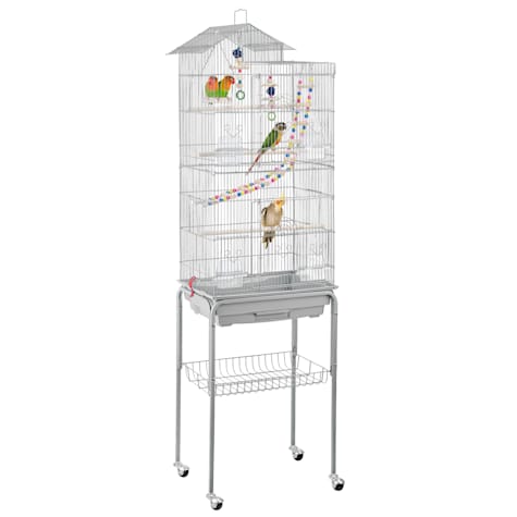 Topeakmart Light Gray Metal Bird Cage with Ladder Toy and Rolling Detachable Stand