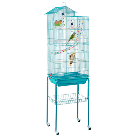 Topeakmart Teal Blue Metal Bird Cage with Ladder Toy and Rolling Detachable Stand