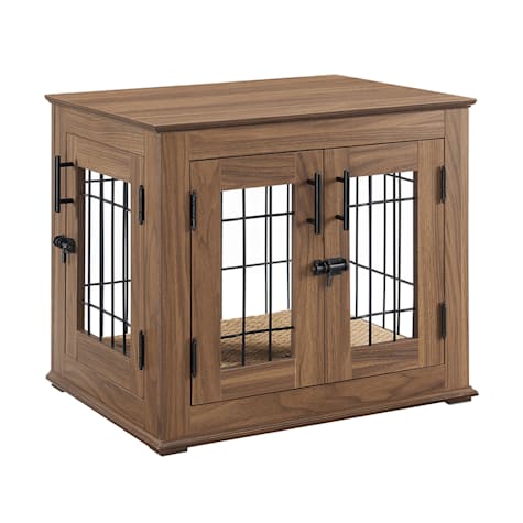 UniPaws Walnut Crate Wooden End Table with Wire Dog Kennel with Bed