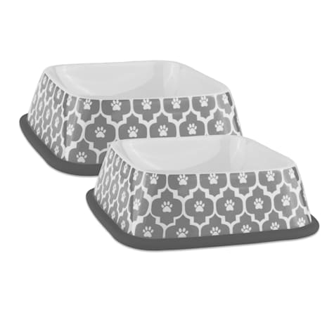 Bone Dry Gray Paw Lattice Square Pet Bowl