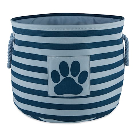 Bone Dry Dark Navy Round Polyester Pet Bin Stripe With Paw Patch