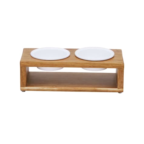 Teamson Pets Brown Billie Elevated Wood Dog Feeder with Ceramic Bowls