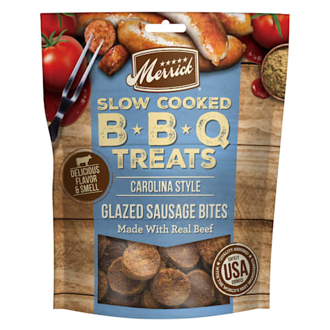 Merrick BBQ Chewy Slow Cooked Beef, Carolina Style Glazed Sausage Bites Dry Dog Treats & Chews