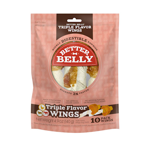Better Belly Triple Flavor Wings Highly Digestible Rawhide Dog Treat With Chicken, Sirloin & Lamb