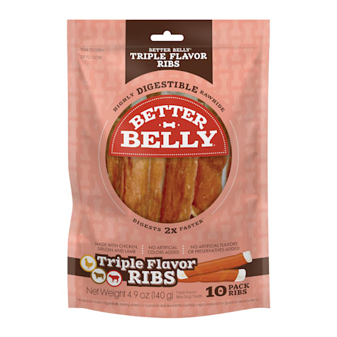 Better Belly Triple Flavor Ribs Highly Digestible Rawhide Dog Treat With Chicken, Sirloin & Lamb