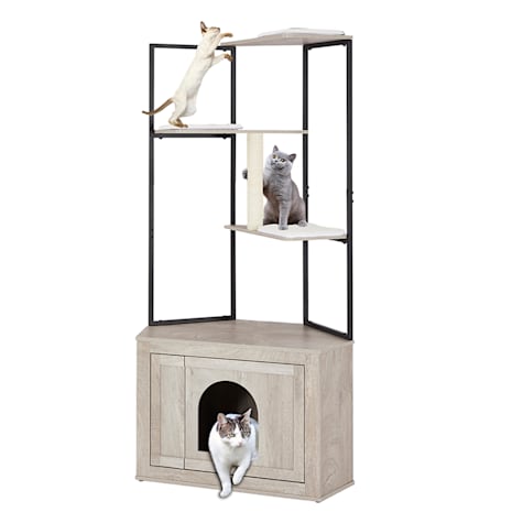 Unipaws Gray Corner Cat Litter Box Enclosure with Cat Tree Tower